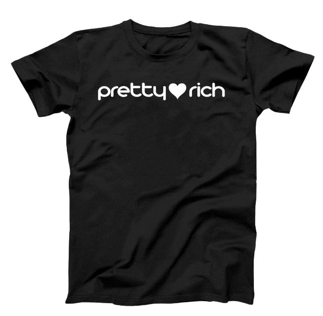 Black T-Shirt, white graphic text pretty rich with a white  heart 