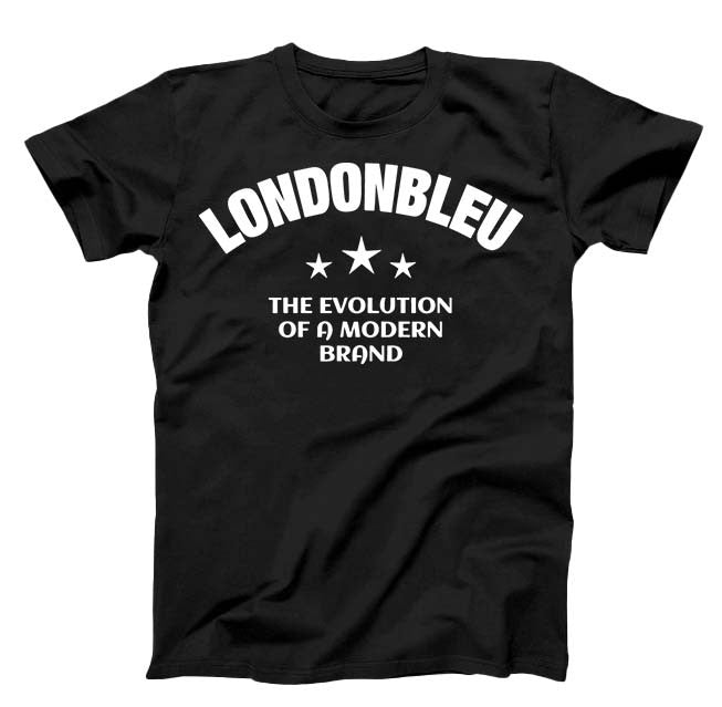 Black T-Shirt , white graphic text londonbleu,  three stars, The Evolution of a Modern Brand 