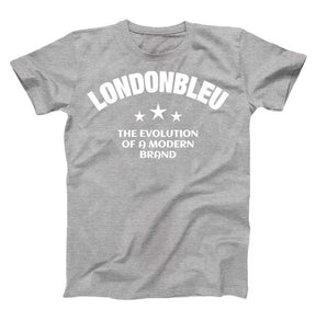 Gray T-Shirt , white graphic text londonbleu,  three stars, The Evolution of a Modern Brand 