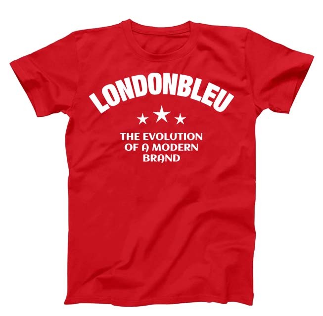Red T-Shirt , white graphic text londonbleu,  three stars, The Evolution of a Modern Brand 