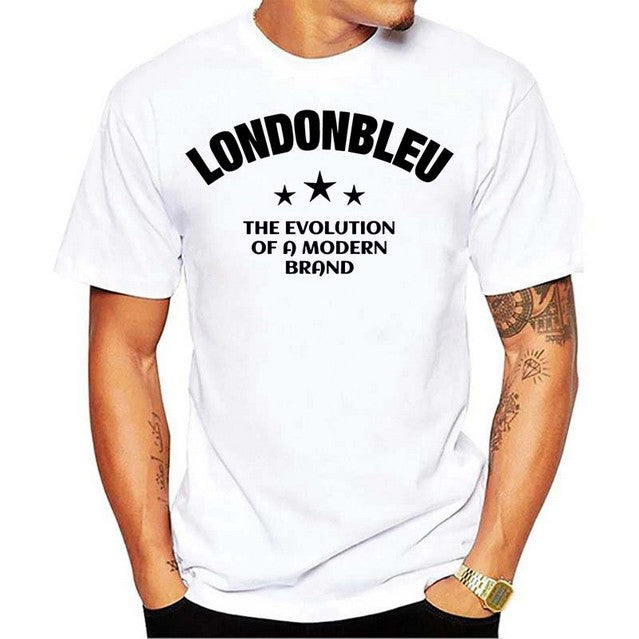 Mens unisex white T-Shirt , Black graphic text londonbleu,  three stars, The Evolution of a Modern Brand 
