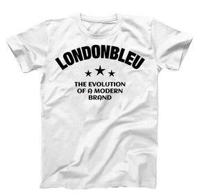 White T-Shirt , Black graphic text londonbleu,  three stars, The Evolution of a Modern Brand 