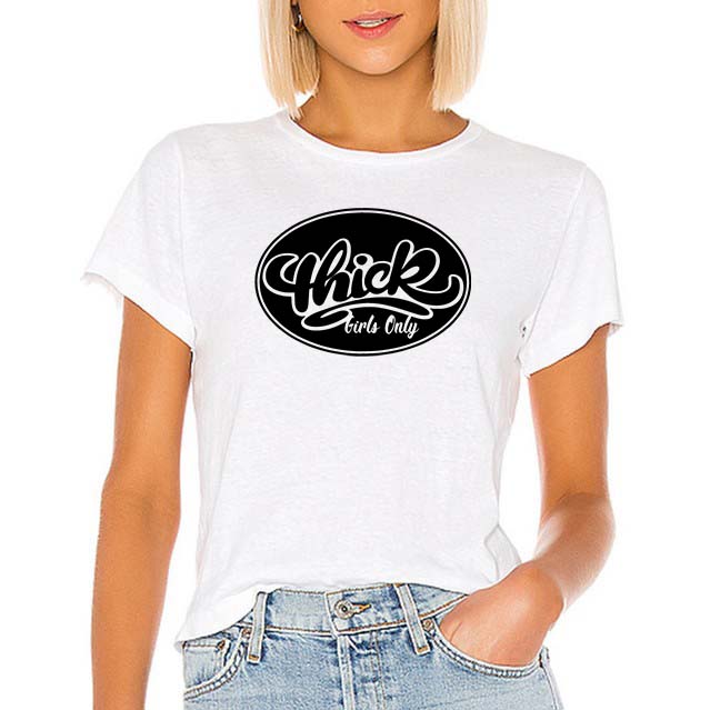 Womens white T-Shirt, black graphic oval text Thick Girls Only