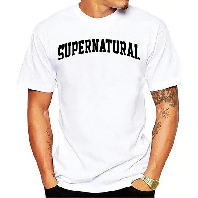 Mens unisex white T-Shirt, black graphic texts Supernatural