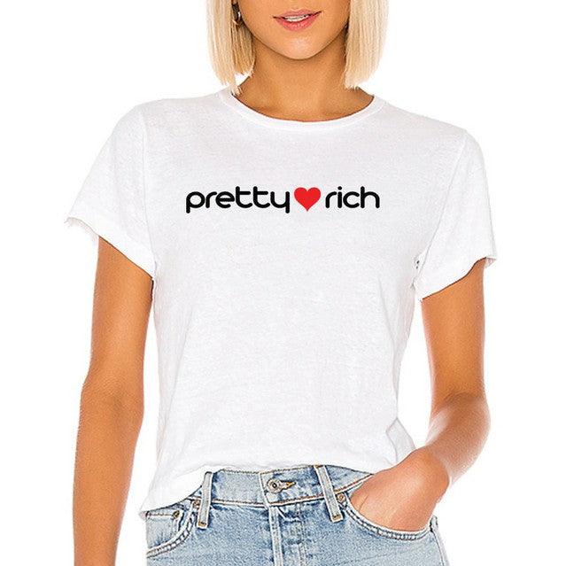 Womens white T-Shirt, black graphic text pretty rich with a red heart
